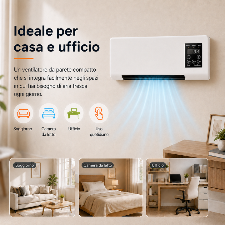 Wall-mounted oscillating fan with remote control, designed for optimal air distribution.