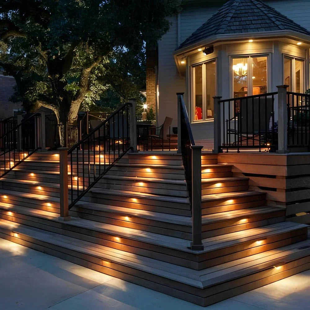 Outdoor solar step lights, warm glow, auto dusk-to-dawn for decks.