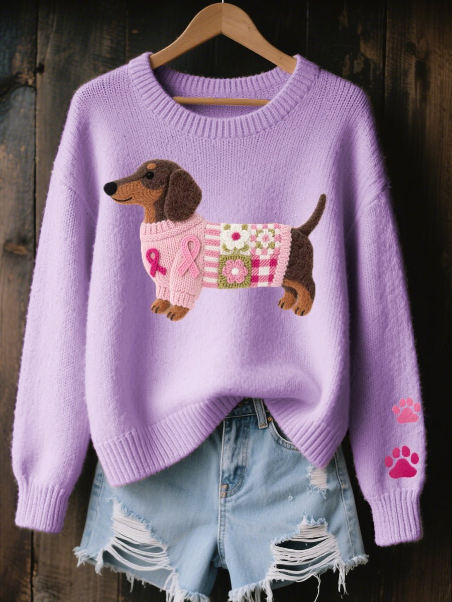 Women's playful dachshund knitted sweater, featuring a charming dog graphic & ribbon detail. Cozy oversized fit.