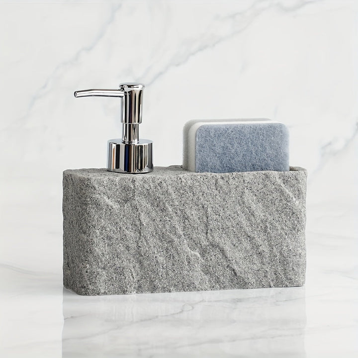 Elegant stone-look resin soap pump and sponge caddy for modern bathroom decor.