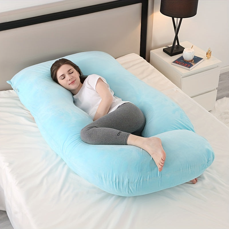Versatile J-shaped maternity pillow, perfect for full body pregnancy support and comfortable sleep.