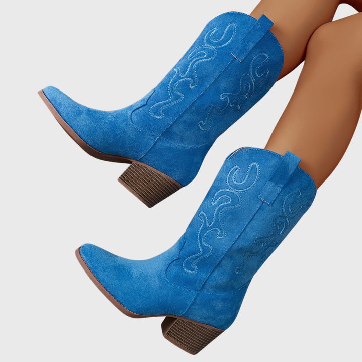 Comfortable wide-calf mid-calf women's boots, stylish western cowboy footwear for daily wear.