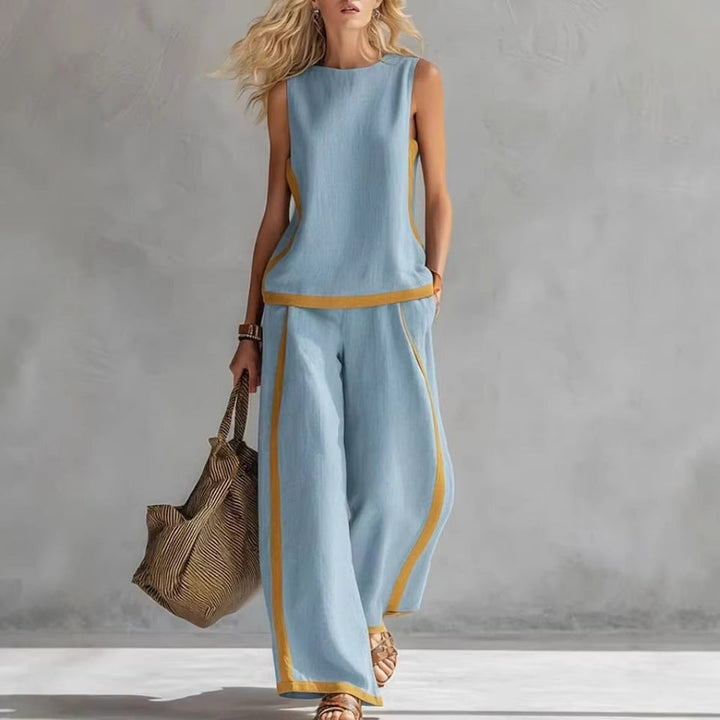 Women's versatile sleeveless top and wide-leg pants set. Comfortable two-piece apparel for spring and summer casual.