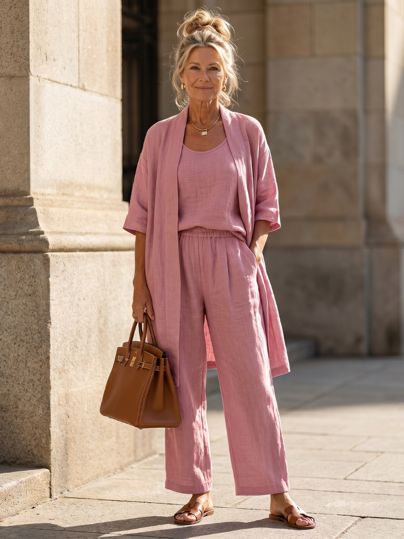 Full view of women's relaxed three-piece set with a matching top, cardigan, and wide-leg pants.