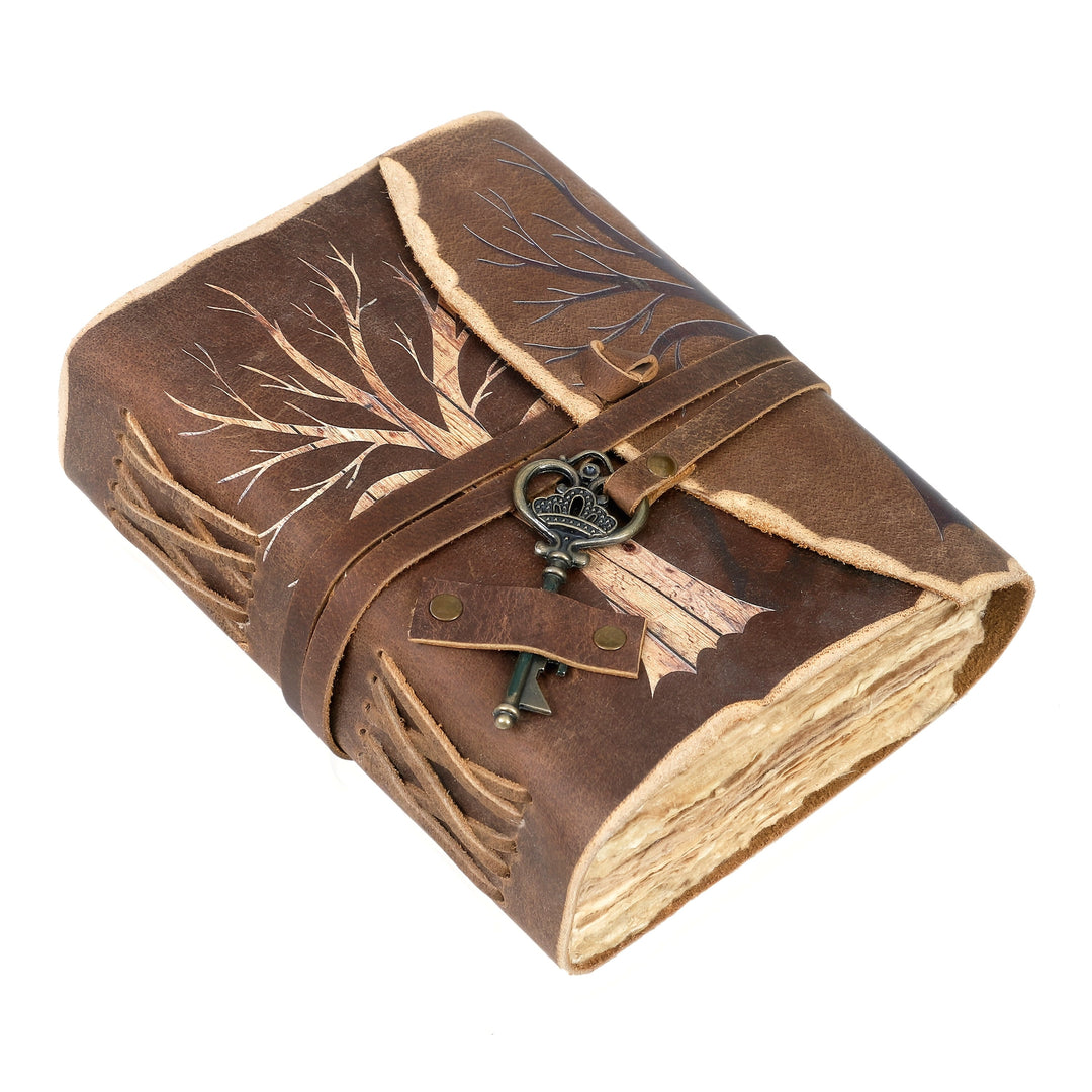 Handmade vintage leather look notebook with lock closure, perfect for creative journaling.