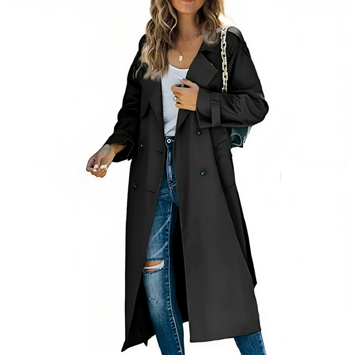 Classic women's double-breasted trench coat, an elegant and essential piece of sophisticated fall and spring outerwear.
