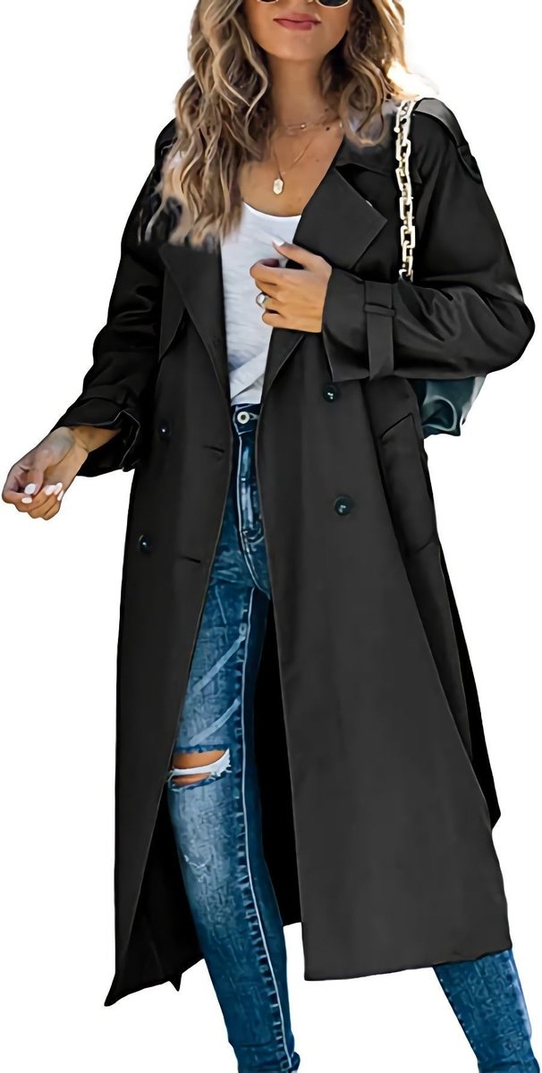 Women's oversized double-breasted trench coat with tie belt, elegant fall fashion outerwear.