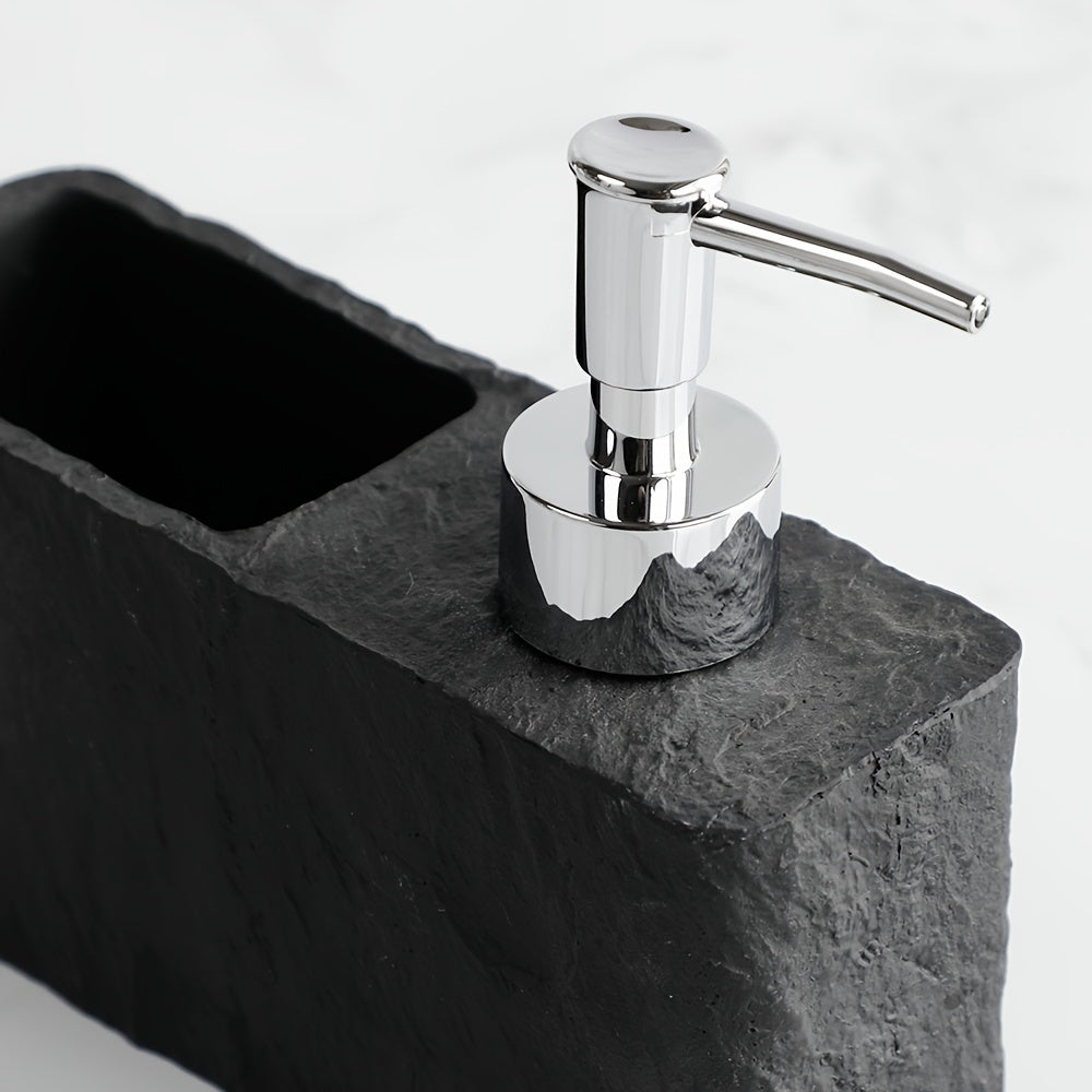 Practical stone-look kitchen accessory: soap dispenser with attached sponge holder.