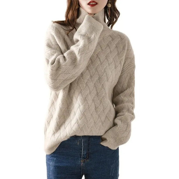 Women's luxurious camel high-neck turtleneck sweater. Elegant & warm winter fashion pullover, cozy & versatile.