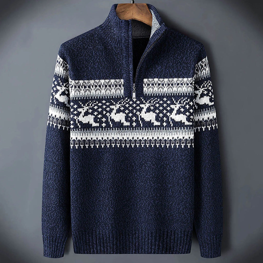 Men's cozy Fair Isle half-zip sweater, ideal for winter layering & casual holiday fashion.