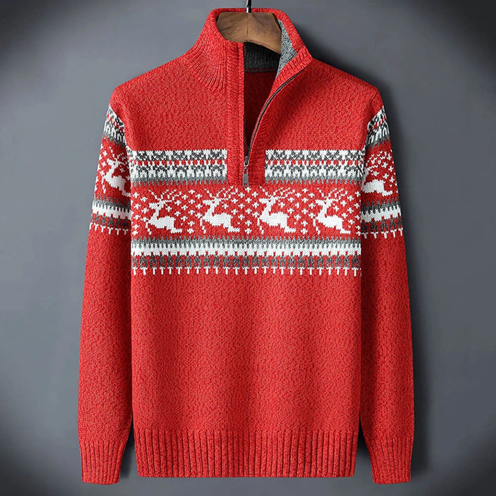 Warm men's long-sleeve Fair Isle pullover sweater with a half-zip, perfect for comfortable everyday winter wear.