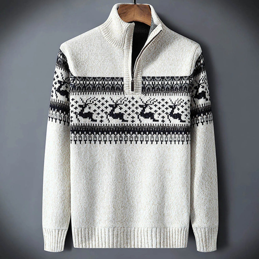 Stylish men's Fair Isle half-zip winter sweater. A warm, casual pullover for holiday seasons & cold weather.