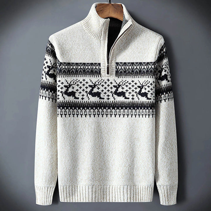 Stylish men's Fair Isle half-zip winter sweater. A warm, casual pullover for holiday seasons & cold weather.