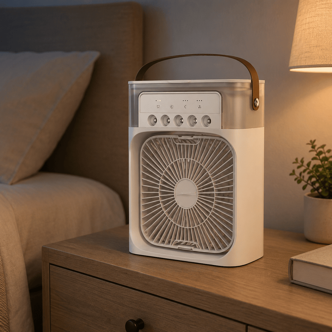 Personal cooling & humidifying desk fan. Compact USB fan for office or home comfort.
