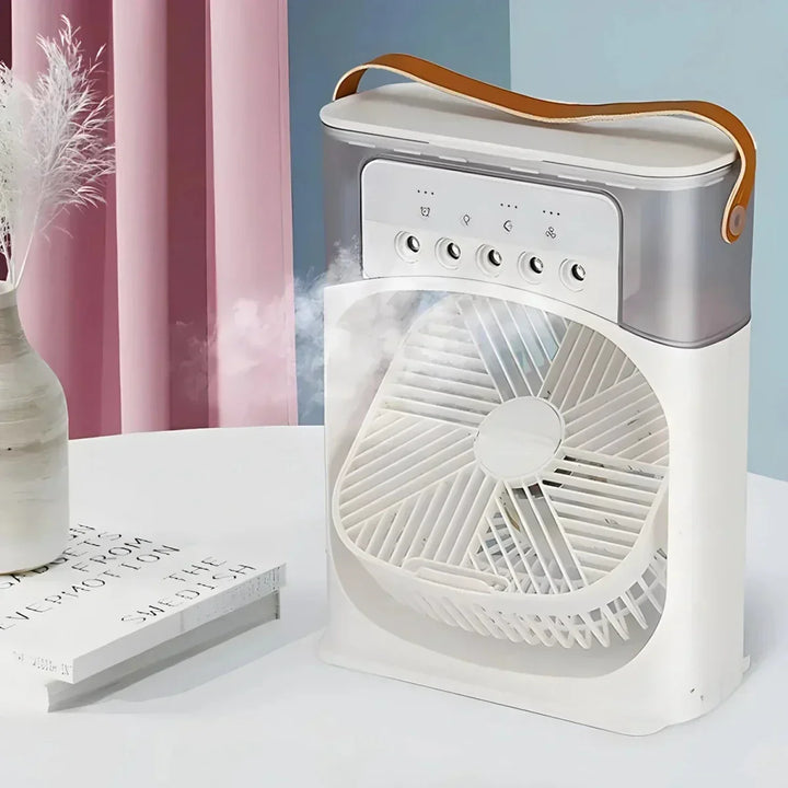 2-in-1 cooling fan & humidifier. Enhance your personal space with improved air circulation & moisture.