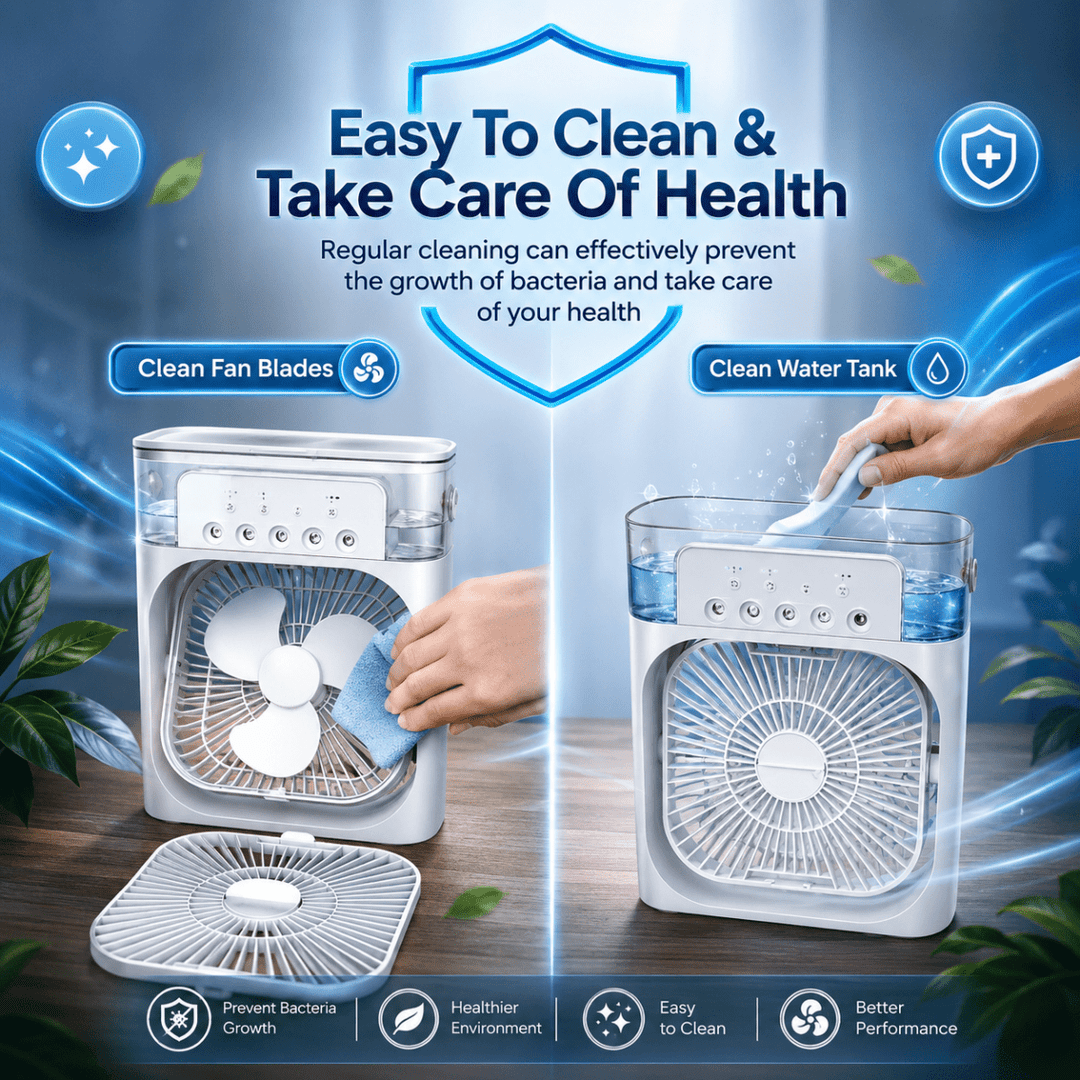 Office desk fan with personal cooling & humidifying. Quiet operation for focused work and enhanced comfort.