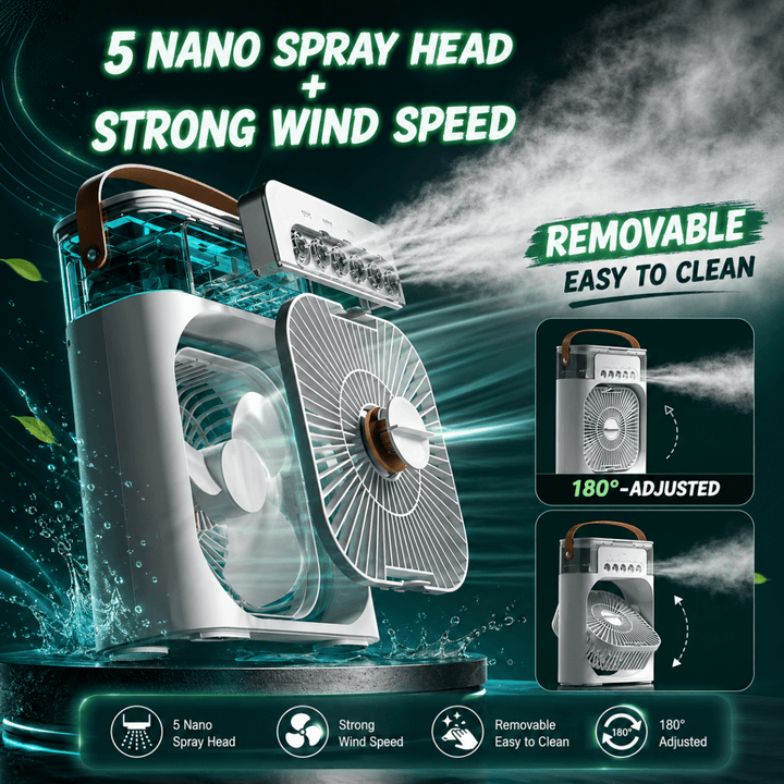 Compact personal cooling desk fan with humidifier. USB powered for ultimate portability & convenience.