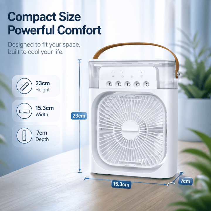 Adjustable personal cooling fan & humidifier. Improve air quality and comfort on your desk or nightstand.