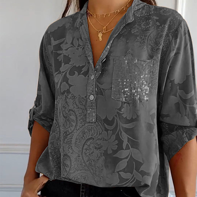 Lightweight V-neck button-down summer blouse for women, stylish spring fashion, offering a casual elegant look.