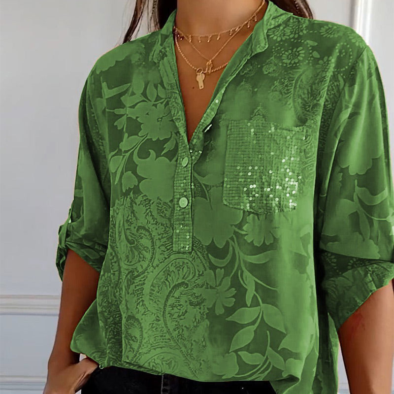 Casual elegant women's V-neck short sleeve top with button placket, perfect for everyday style & office fashion.