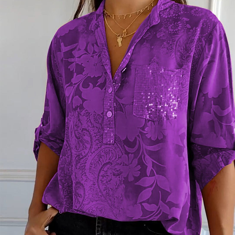 Versatile ladies V-neck top with button placket & short sleeves. Ideal for office casual, daily wear & spring fashion.