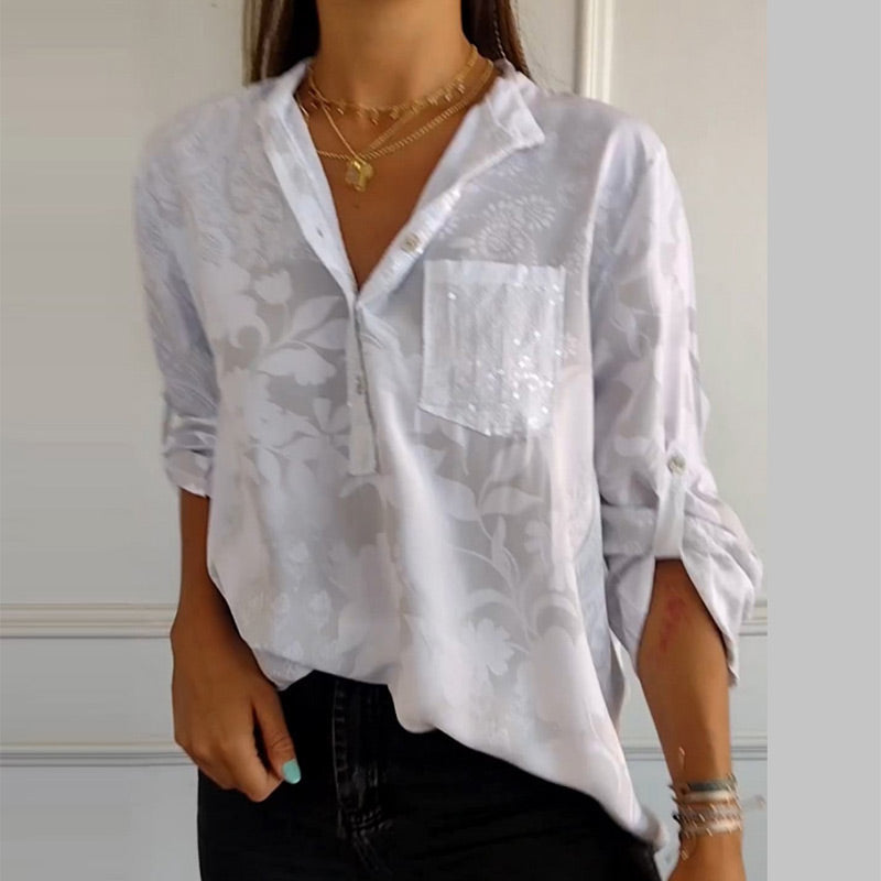 Elegant women's V-neck short sleeve top with button placket, perfect for versatile daily & office casual wear.