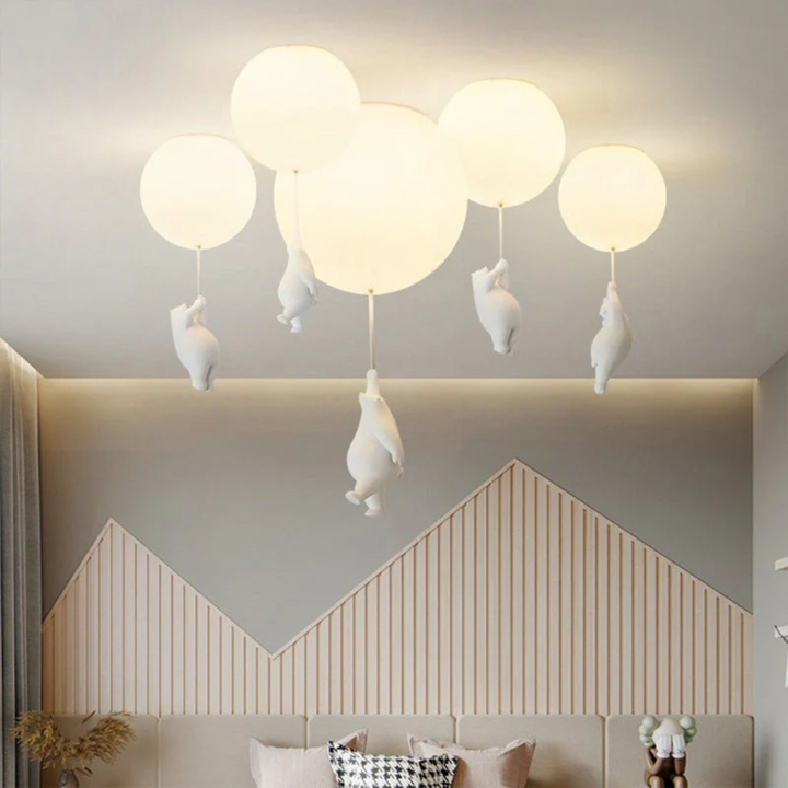 Resin bear balloon pendant light, cute nursery lighting for a whimsical child's room.