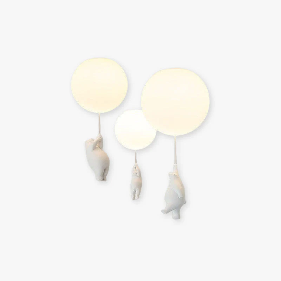 Unique bear balloon pendant light, an artistic LED fixture for whimsical kids' room decor.