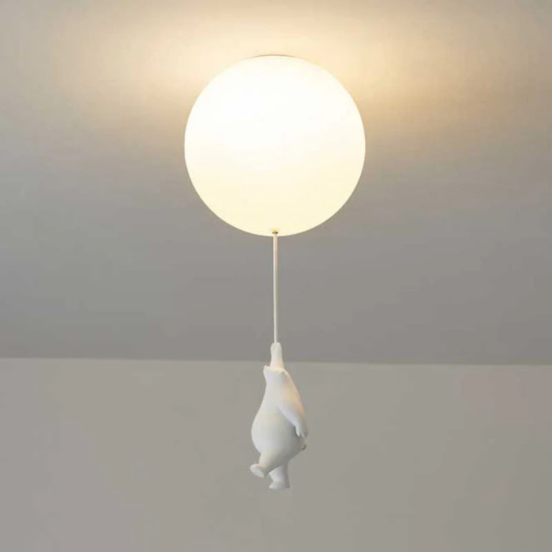 Whimsical LED bear balloon pendant light with resin & acrylic for children's decor.