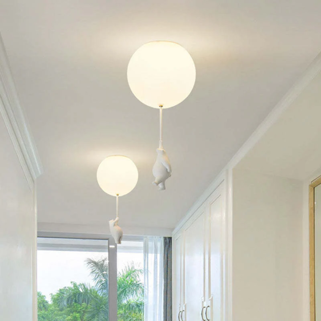 White resin & acrylic bear balloon ceiling light, charming children's room decor.