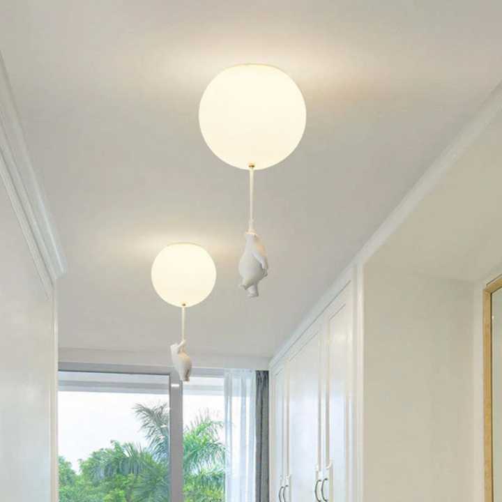 White resin & acrylic bear balloon ceiling light, charming children's room decor.