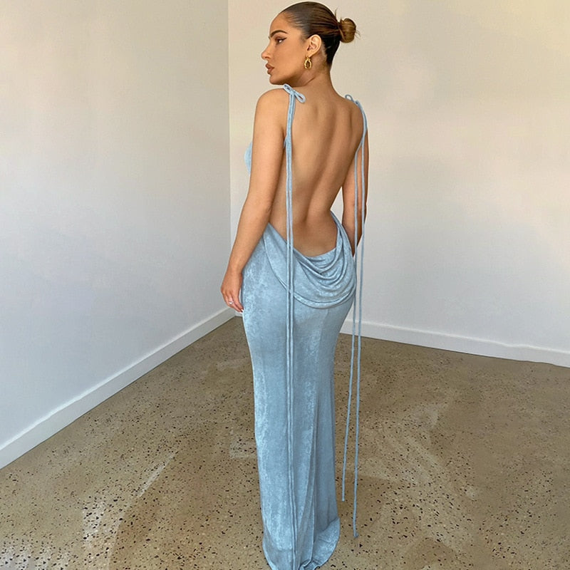 Sophisticated Fayen long dress, a low back maxi gown for women's special occasions.