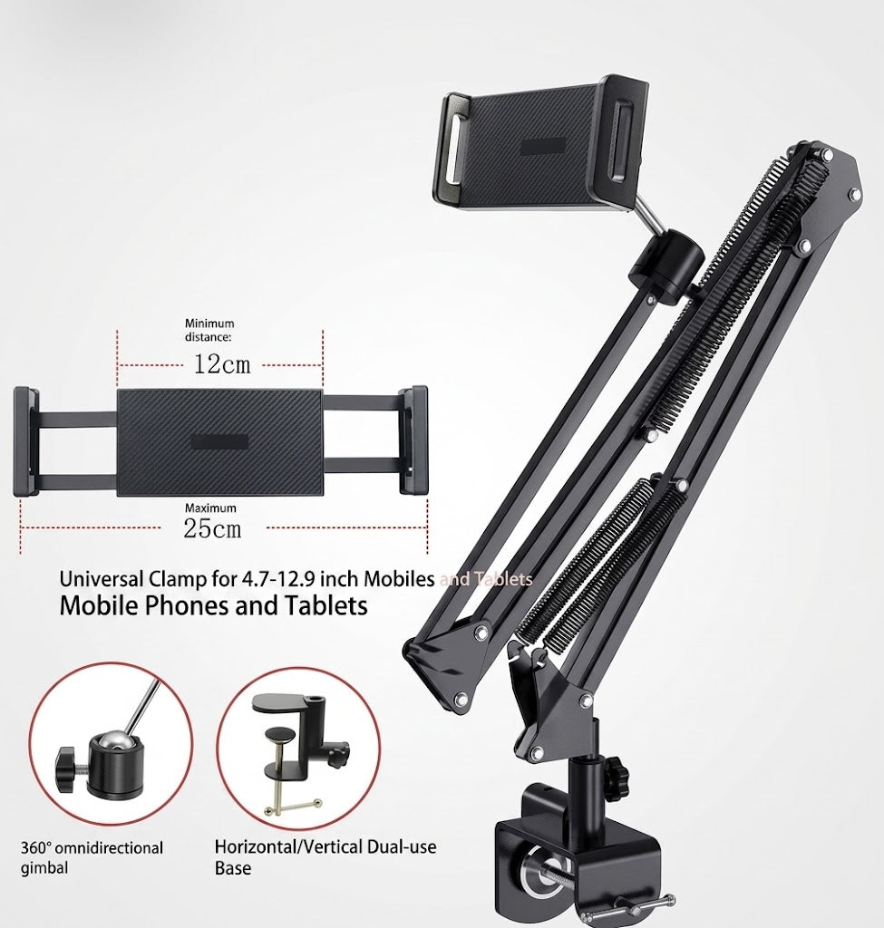 Ergonomic aluminum tablet holder, universal design, 360-degree rotation for comfortable use.