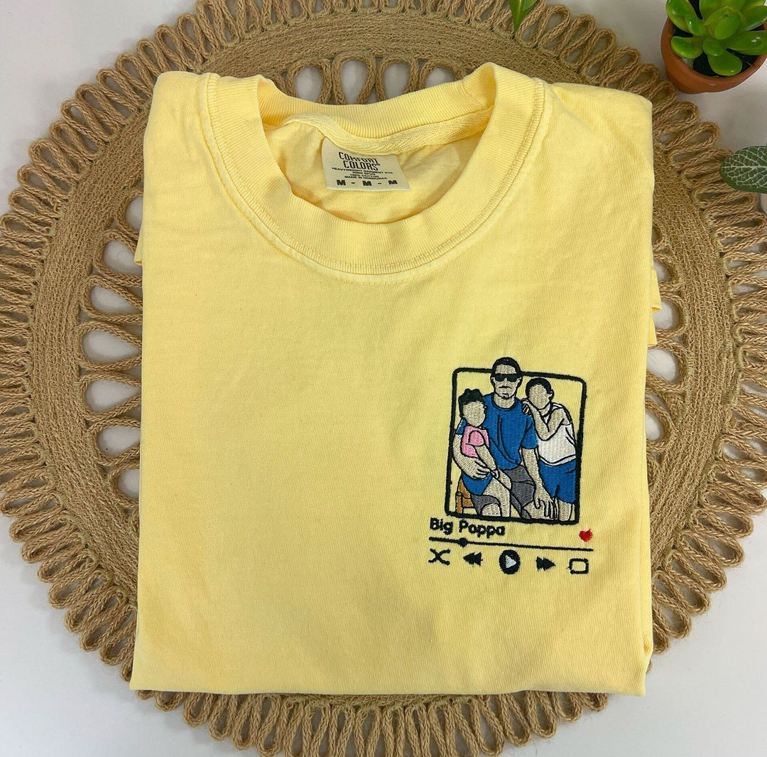 Father's Day personalized photo hoodie. Custom embroidered unisex apparel, a special dad gift.