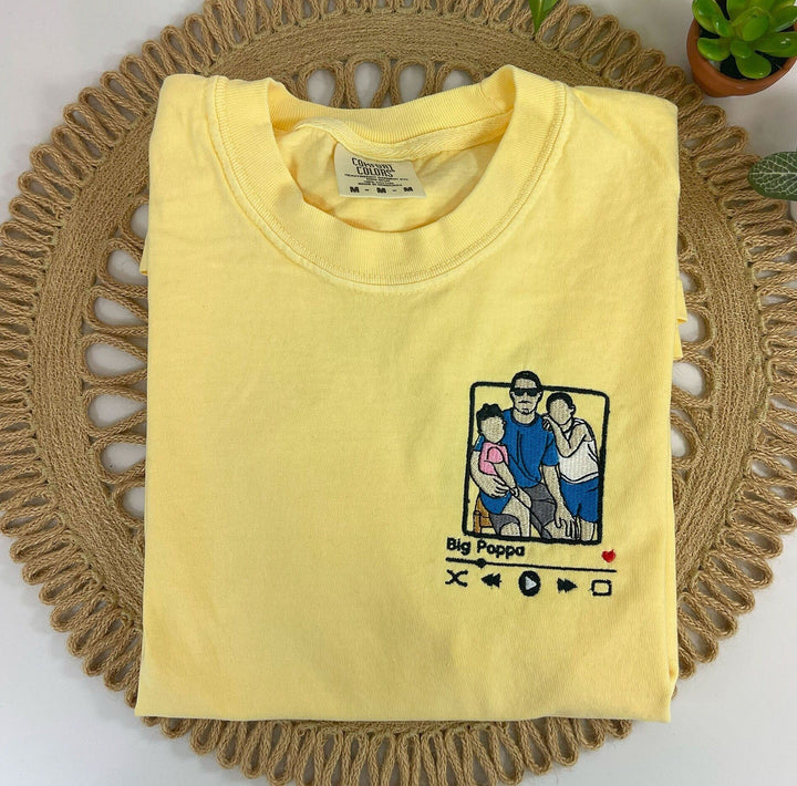 Father's Day personalized photo hoodie. Custom embroidered unisex apparel, a special dad gift.