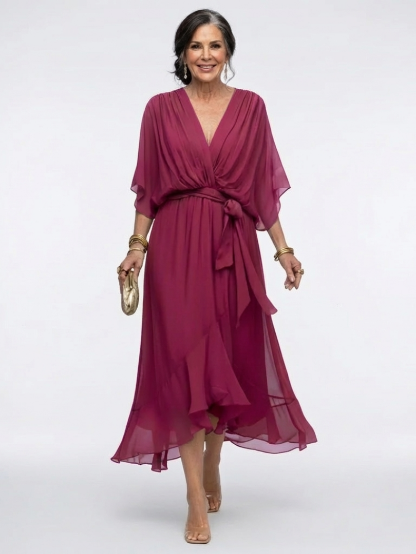 Beautiful women's draped V-neck midi dress with tie waist detail, perfect for elegant summer events.