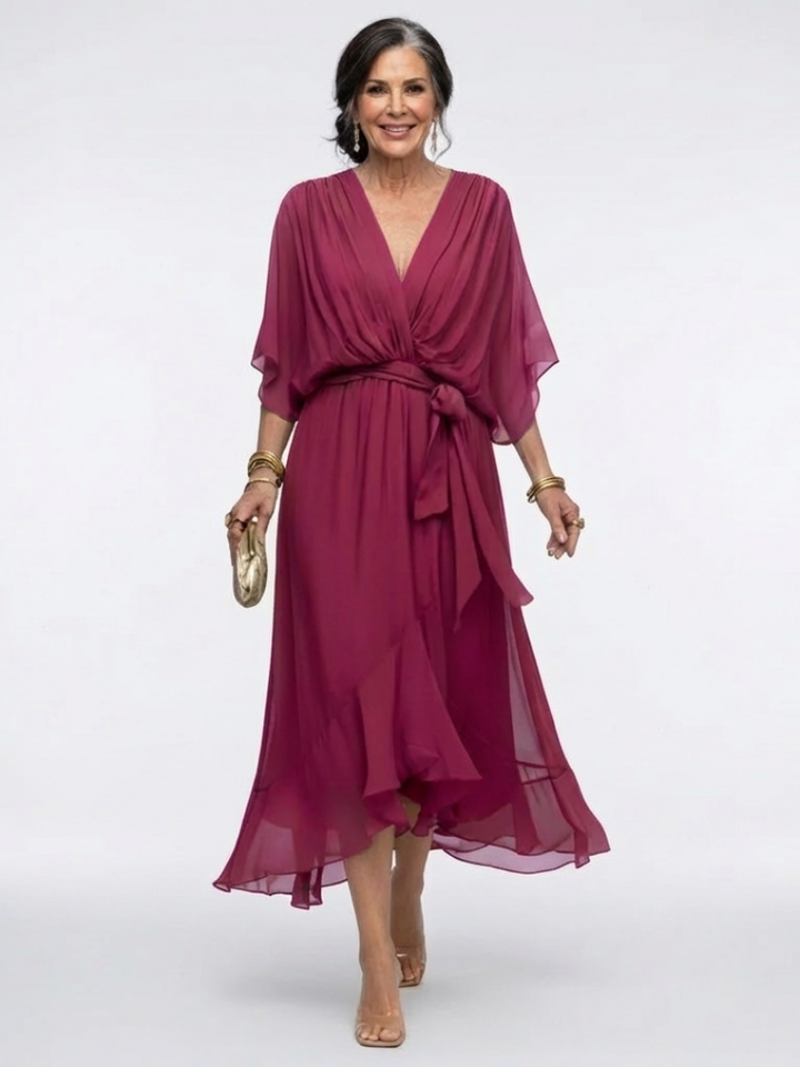 Beautiful women's draped V-neck midi dress with tie waist detail, perfect for elegant summer events.