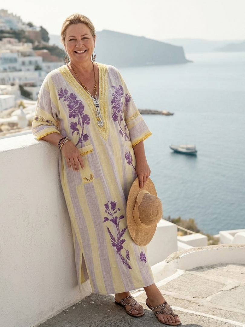 Women's V-neck half-sleeve striped floral maxi dress, perfect for summer casual wear or vacation.