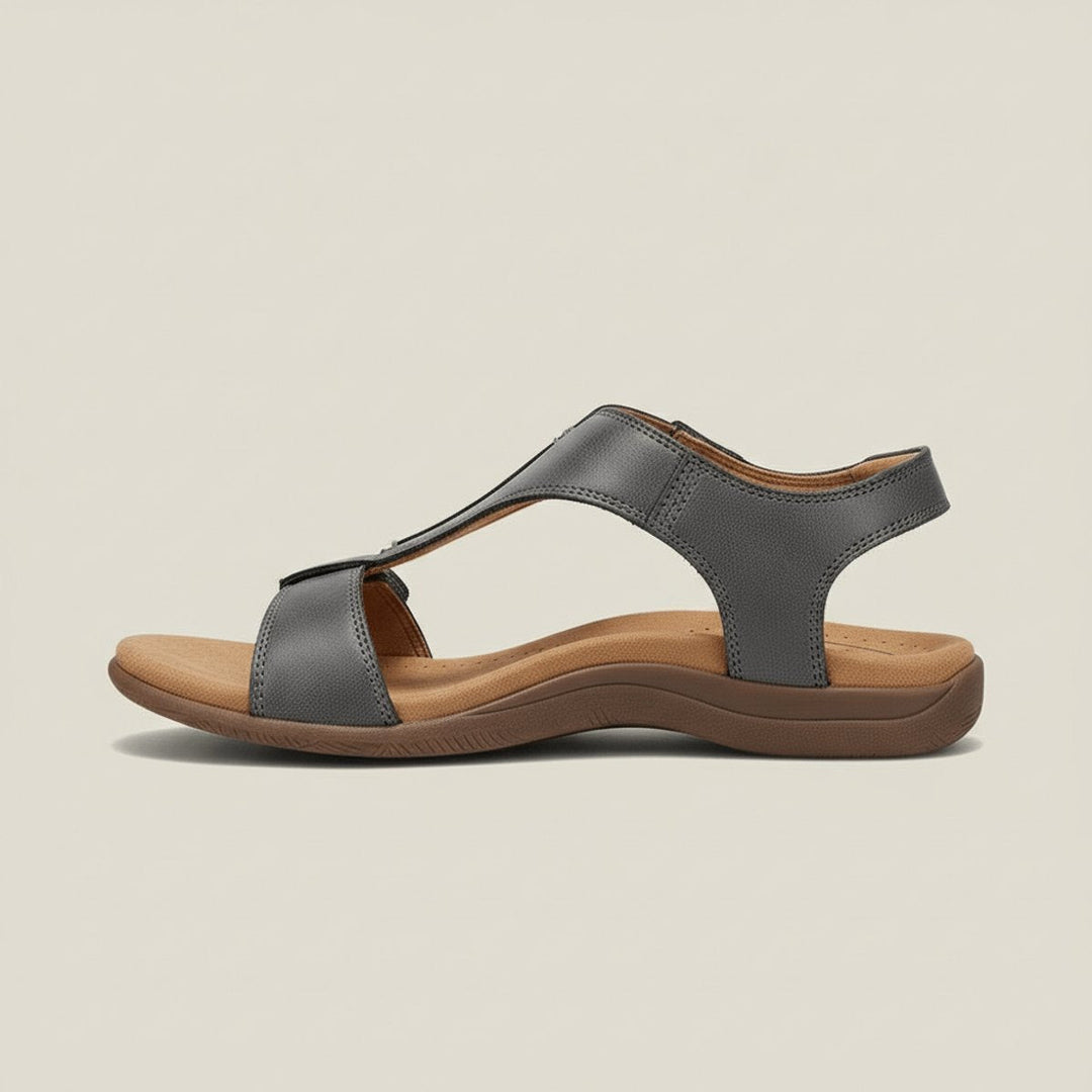 Front view of women's comfortable T-strap orthopedic sandals with adjustable velcro.