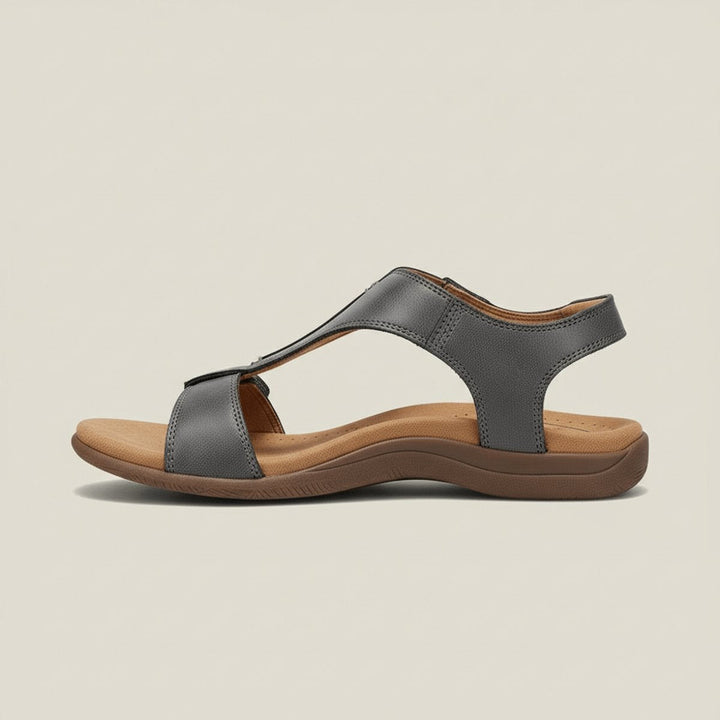 Front view of women's comfortable T-strap orthopedic sandals with adjustable velcro.