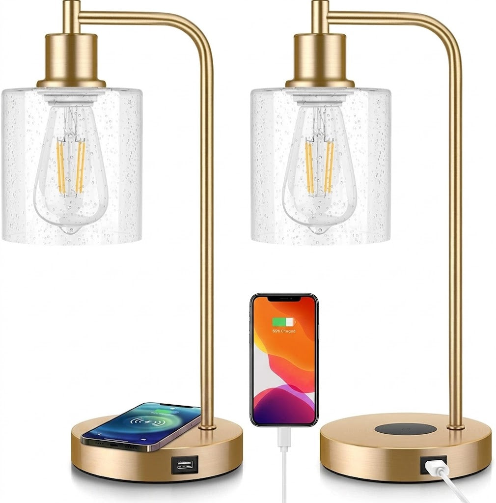 Sleek Industrial Table Lamp Set, Dimmable with USB ports, perfect modern accent lighting.