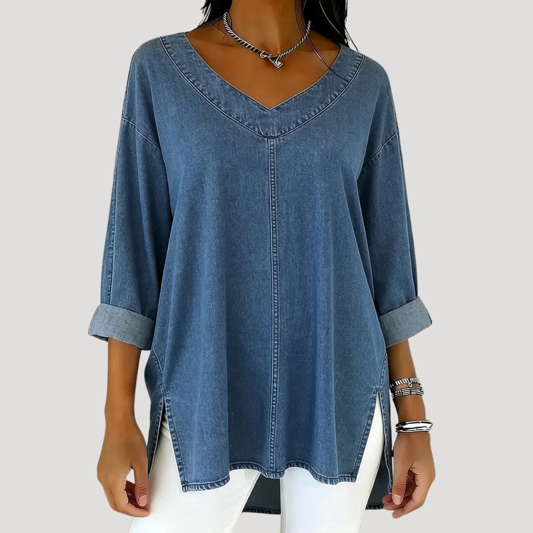 Women's V-neck tunic top in a relaxed fit, perfect for casual wear & everyday style. Comfortable & versatile fashion.