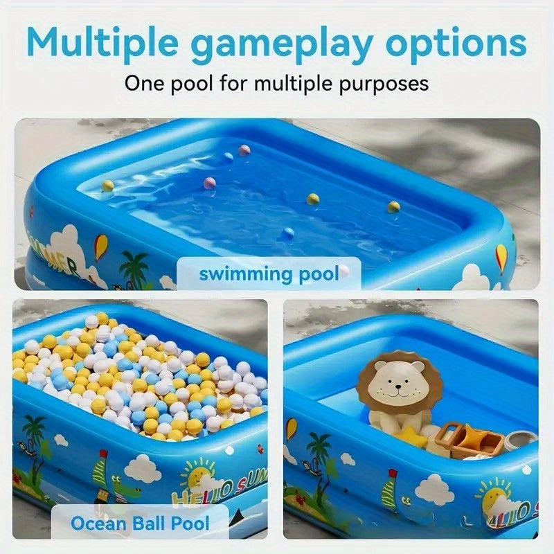 Colorful ocean theme inflatable pool set up in a sunny garden, perfect for kids' summer water play & fun.