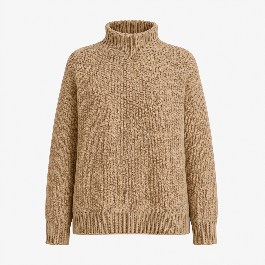Women's long-sleeve turtleneck sweater in a rich color, ideal for an elegant fall outfit.