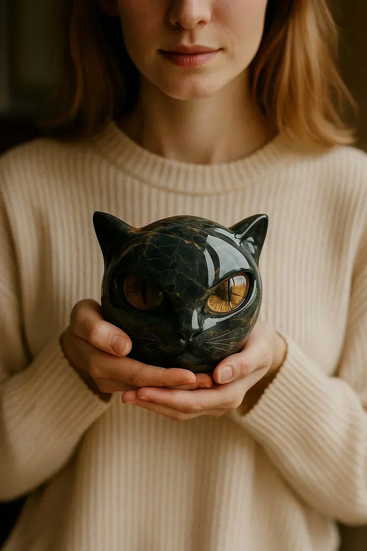Modern black cat head sculpture for desk accessory or shelf decor, a striking piece of resin art.