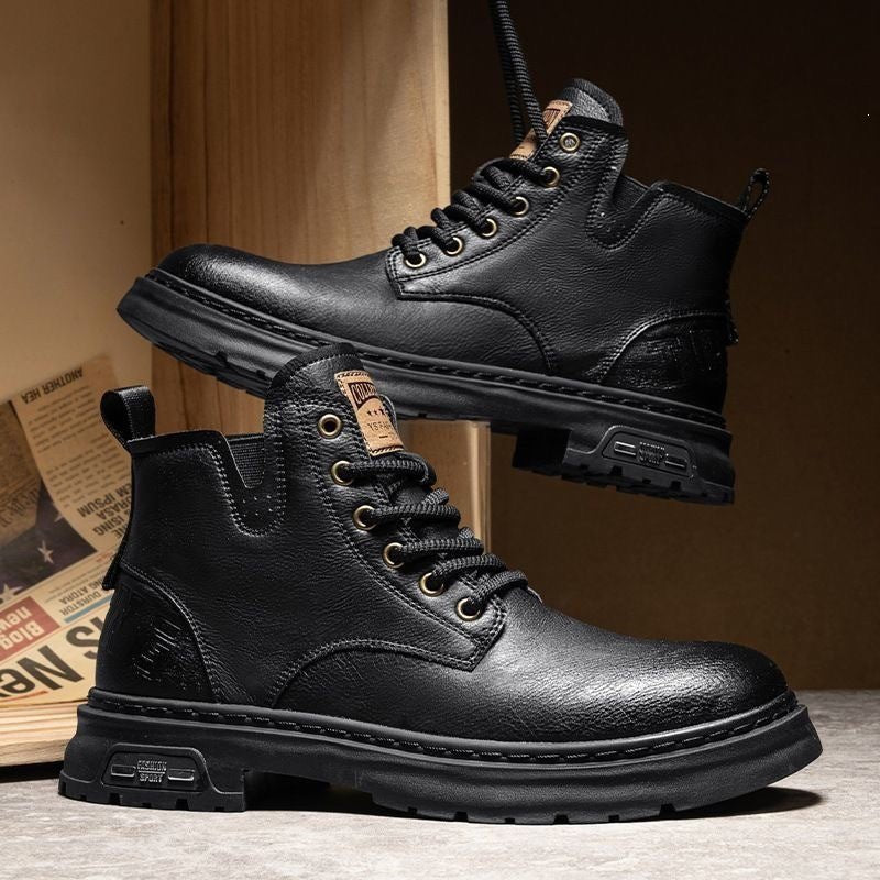 Robust men's leather ankle boots, lace-up for a secure fit, offering outdoor comfort & everyday rugged style.