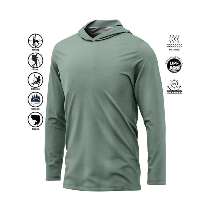 Men's UPF 50 long sleeve hooded fishing shirt in blue, ideal for sun protection during outdoor activities.