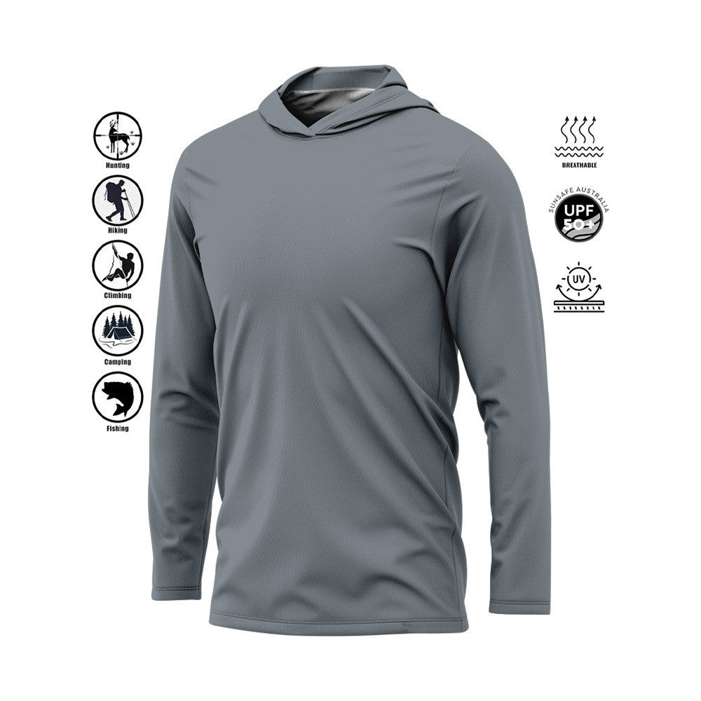 Breathable, quick-dry men's UPF 50 long sleeve hooded fishing shirt in green for hiking & active sun protection.