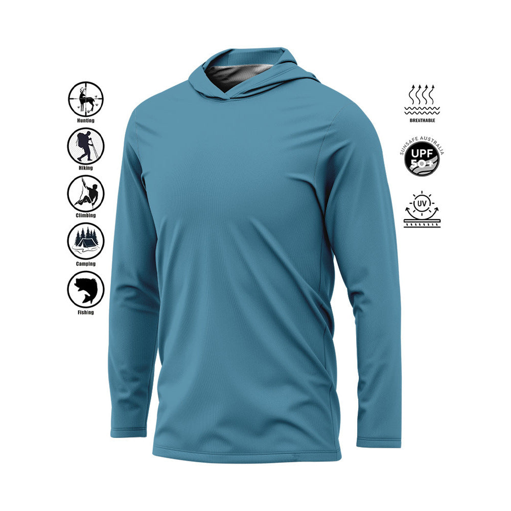 Stylish grey men's hooded fishing shirt with UPF 50 sun protection, perfect for active outdoor wear & camping.