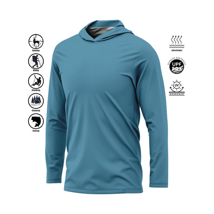 Stylish grey men's hooded fishing shirt with UPF 50 sun protection, perfect for active outdoor wear & camping.